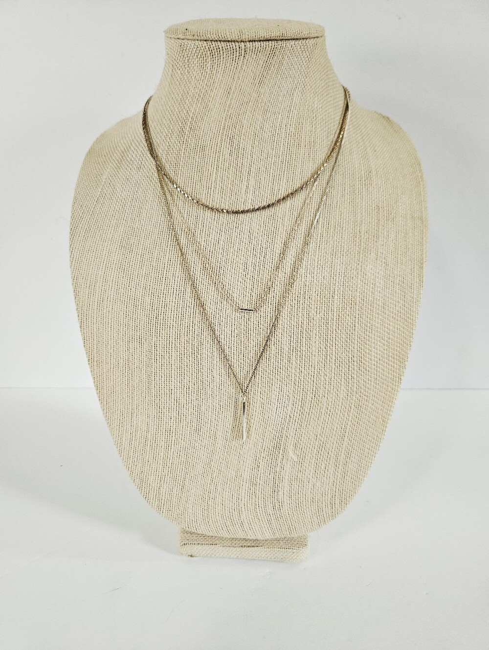 Layered Triple Strand Polished Gold Tone Chain Minimalist Bar Pendant Necklace